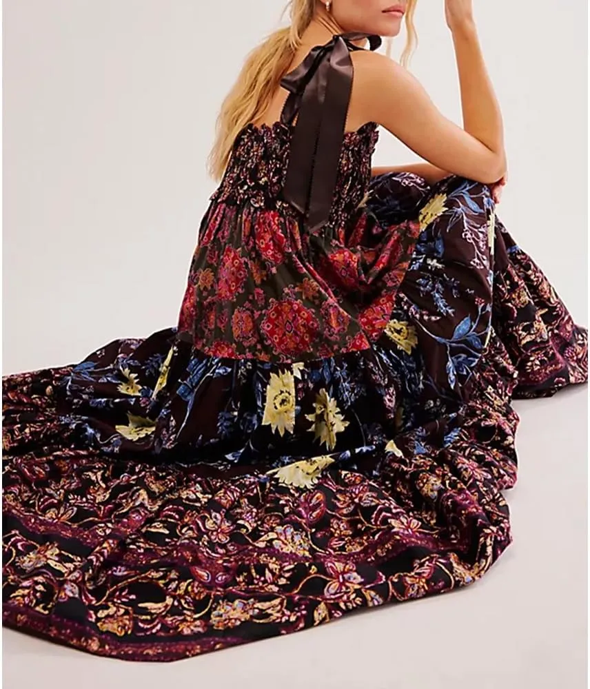 Women Floral Maxi Dress Sleeveless Tie Shoulder Bohemian Flowy Smocked Dresses Casual Summer Sundress with Pockets
