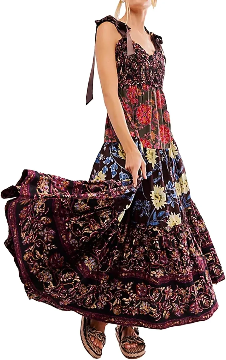 Women Floral Maxi Dress Sleeveless Tie Shoulder Bohemian Flowy Smocked Dresses Casual Summer Sundress with Pockets