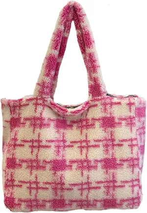 Women Floral Tote Bag 2024 Fall Winter Handbag Cozy Faux Fur Shoulder Bag