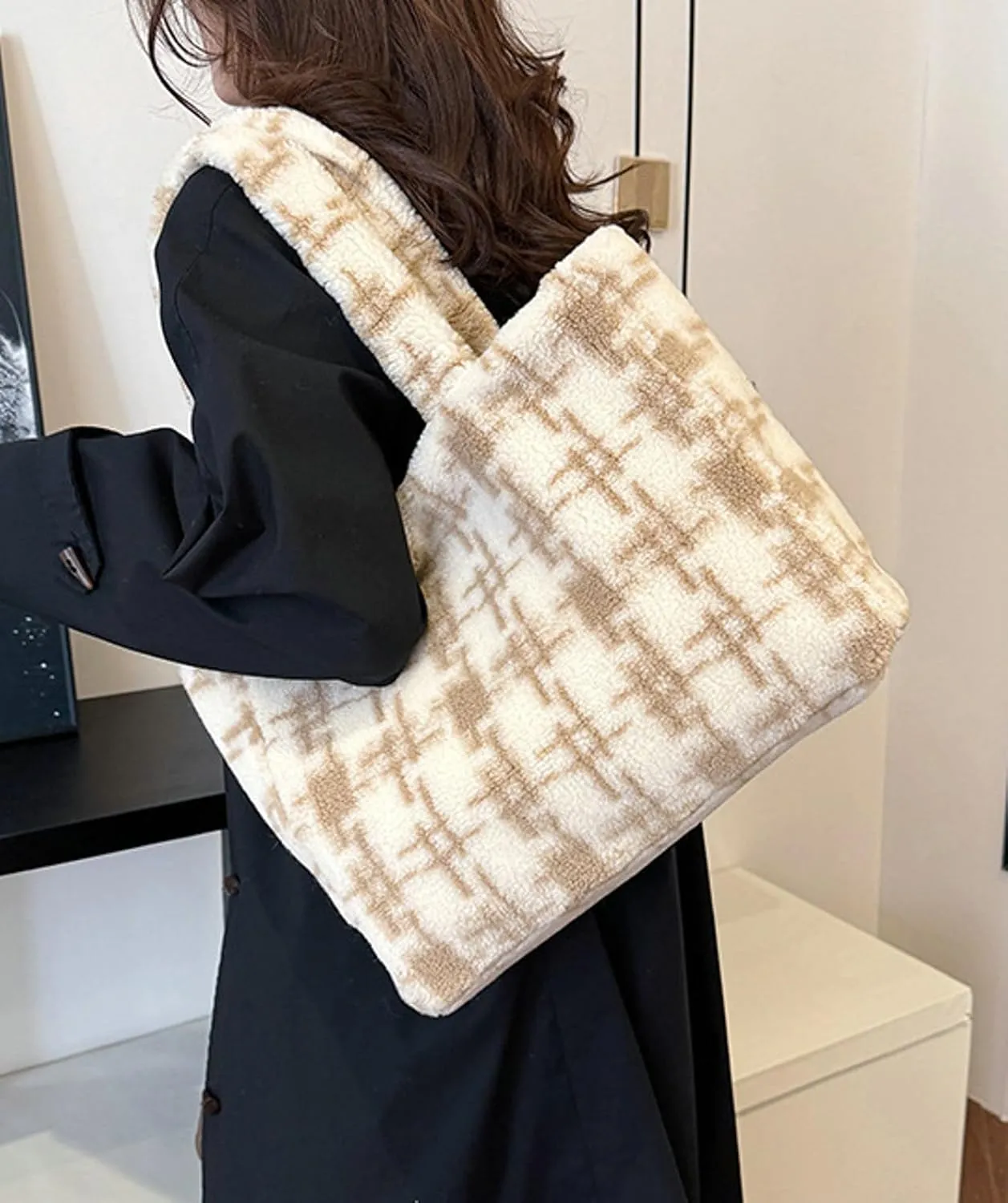 Women Floral Tote Bag 2024 Fall Winter Handbag Cozy Faux Fur Shoulder Bag