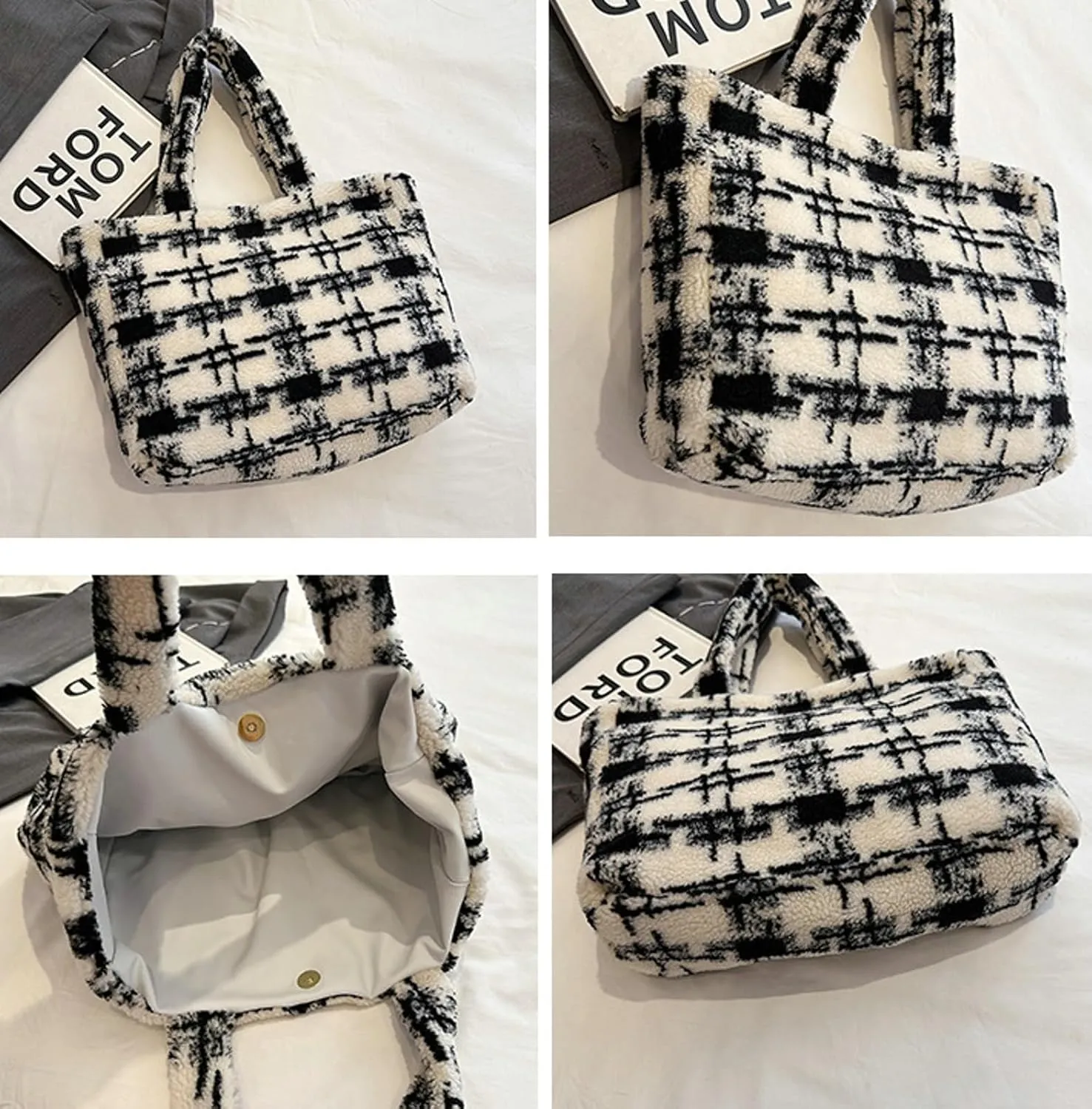 Women Floral Tote Bag 2024 Fall Winter Handbag Cozy Faux Fur Shoulder Bag