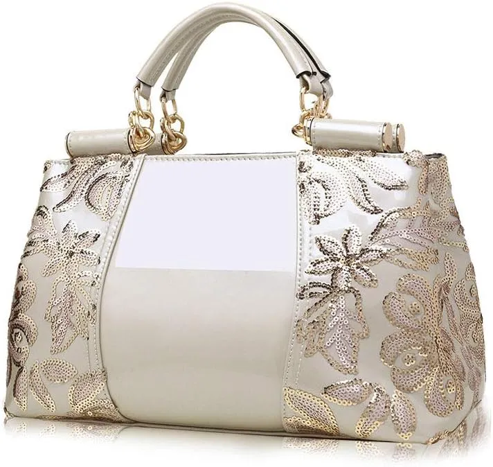 Women Handbag Top Handle Bag, Patent Leather Embroidery Fashion Tote Purse