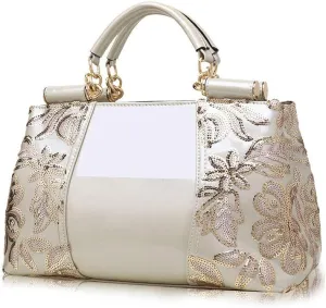 Women Handbag Top Handle Bag, Patent Leather Embroidery Fashion Tote Purse