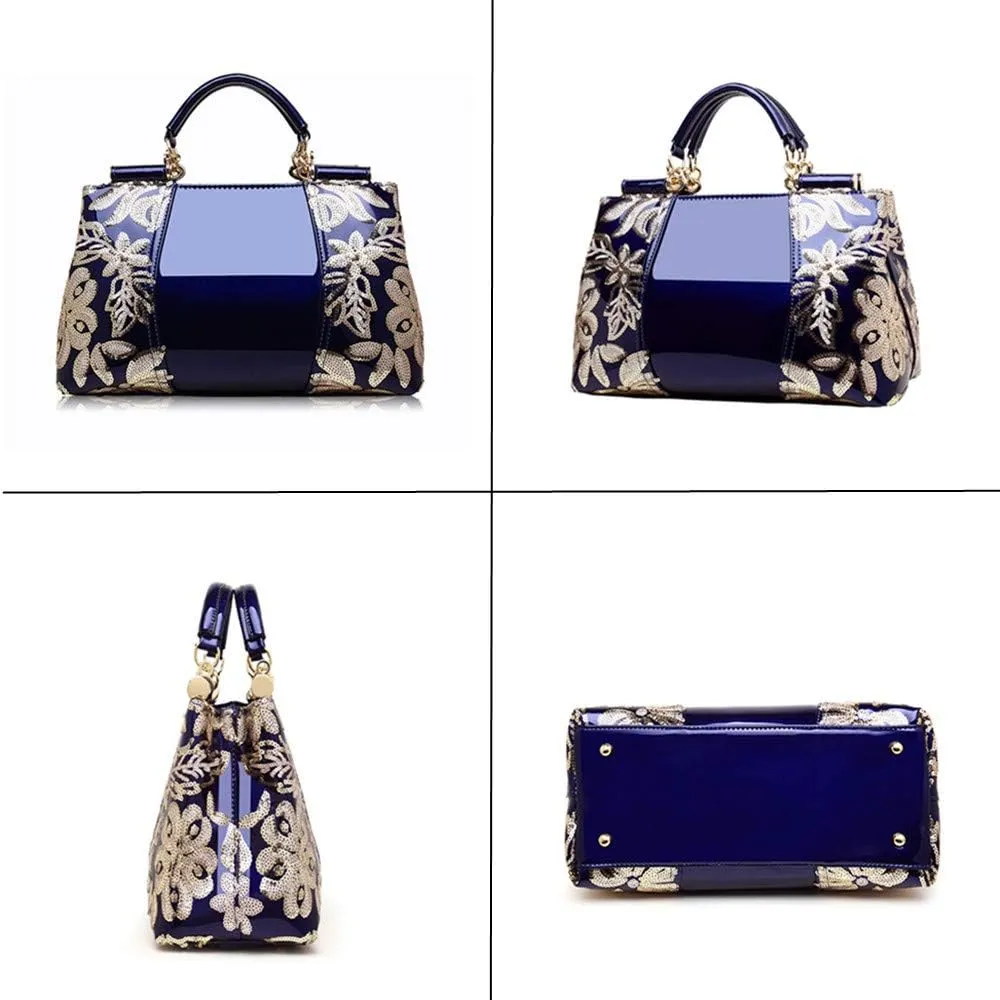 Women Handbag Top Handle Bag, Patent Leather Embroidery Fashion Tote Purse
