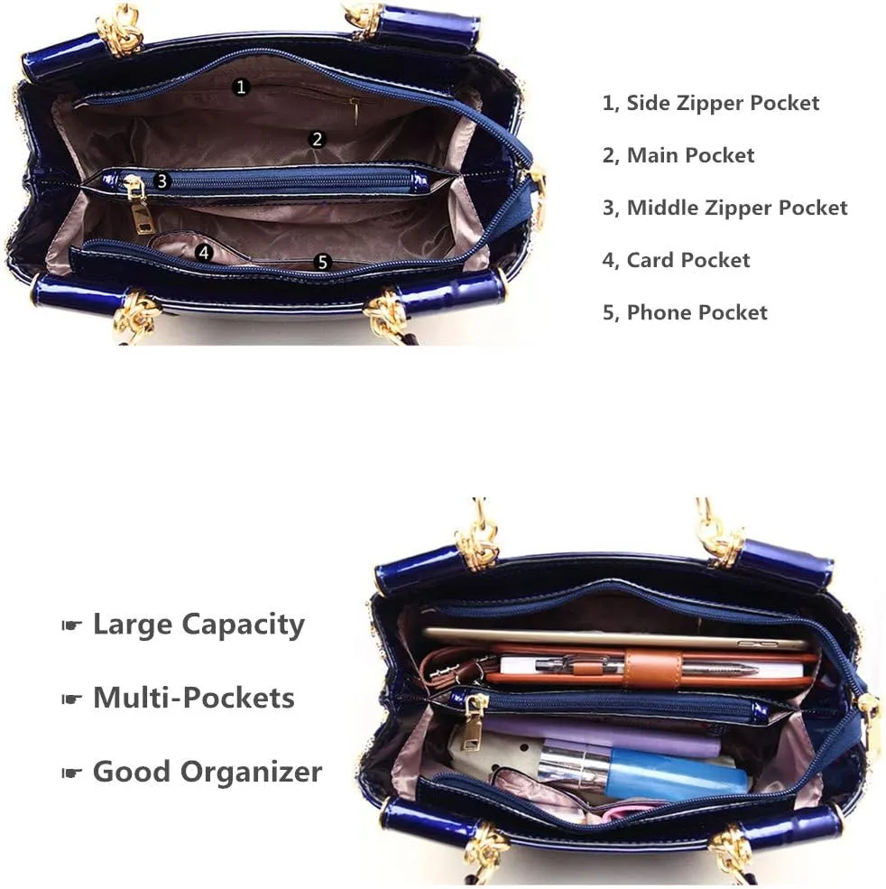 Women Handbag Top Handle Bag, Patent Leather Embroidery Fashion Tote Purse