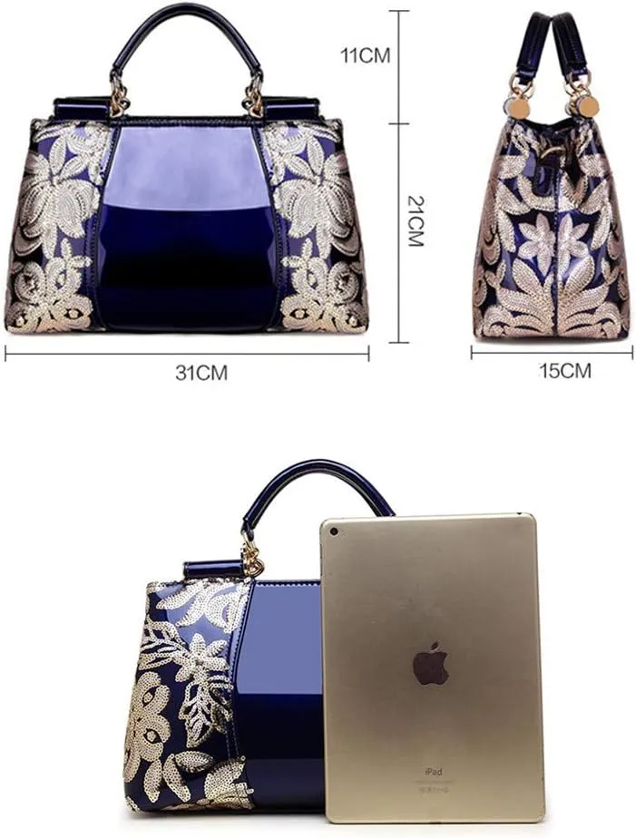 Women Handbag Top Handle Bag, Patent Leather Embroidery Fashion Tote Purse