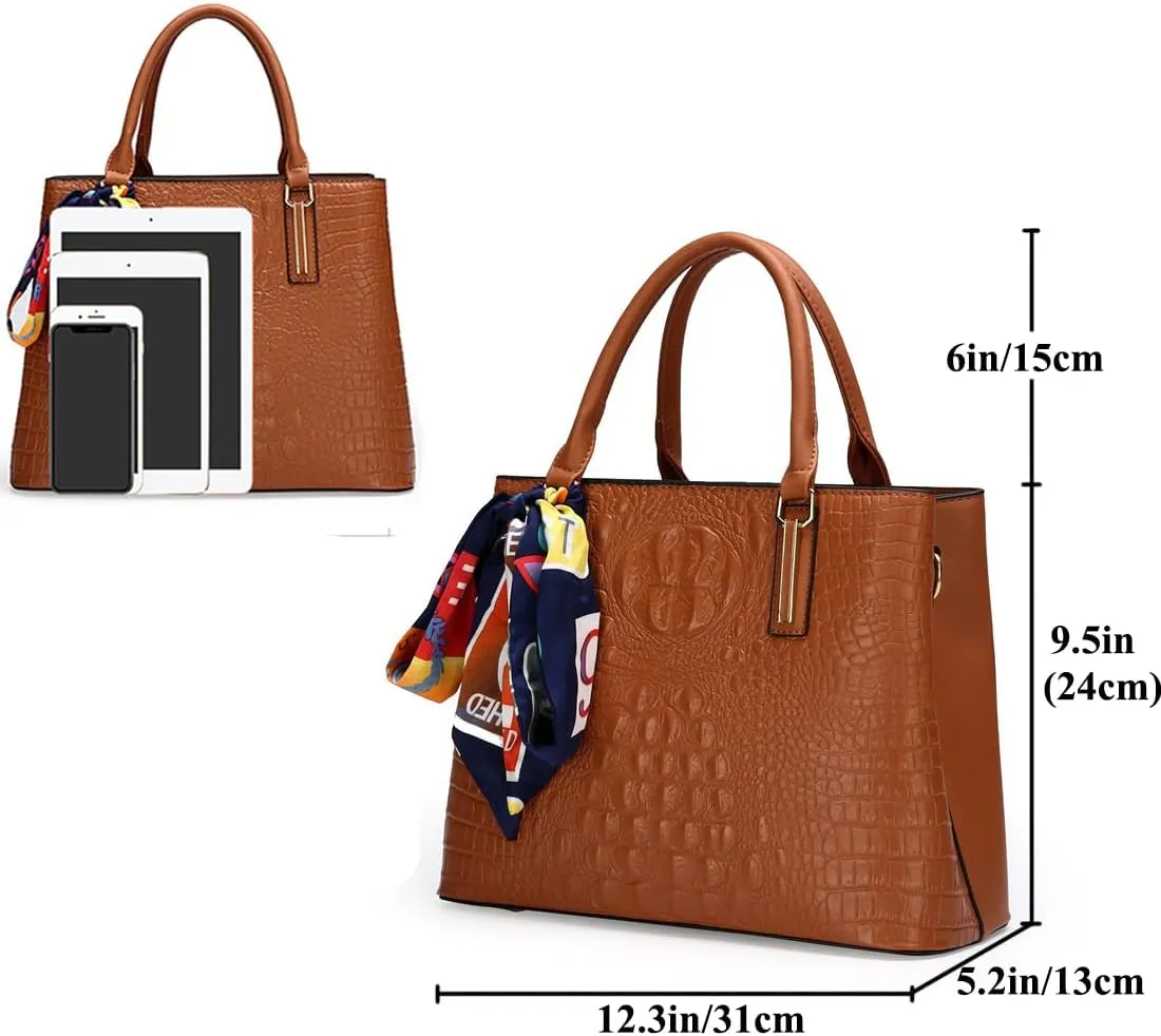 Women Handbags and Purses Set Premium Crocodile Pattern Top Handle Handbag Zip Wallet Clutch Tote Bag Satchel 3 Pcs