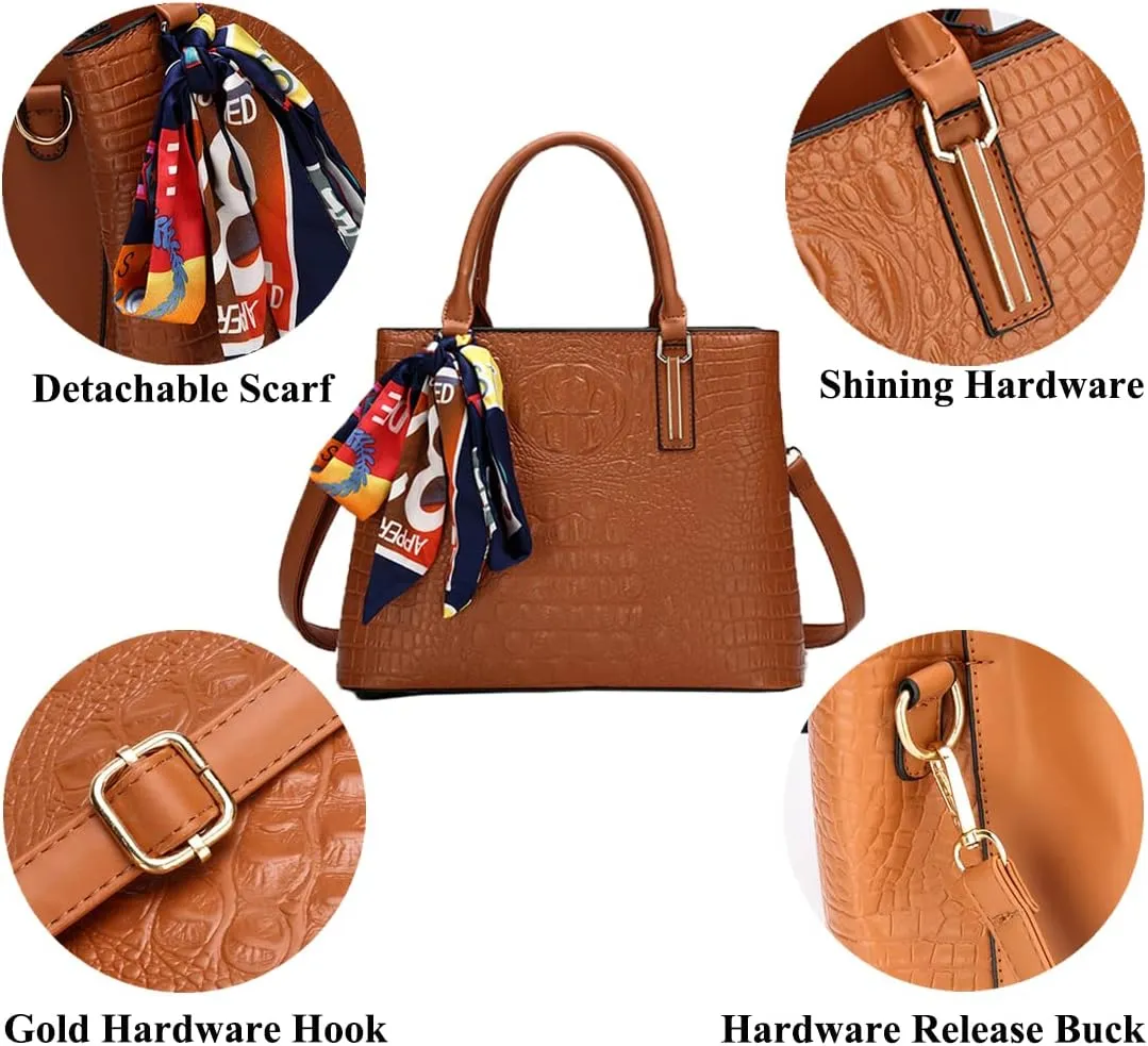 Women Handbags and Purses Set Premium Crocodile Pattern Top Handle Handbag Zip Wallet Clutch Tote Bag Satchel 3 Pcs
