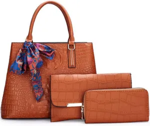 Women Handbags and Purses Set Premium Crocodile Pattern Top Handle Handbag Zip Wallet Clutch Tote Bag Satchel 3 Pcs