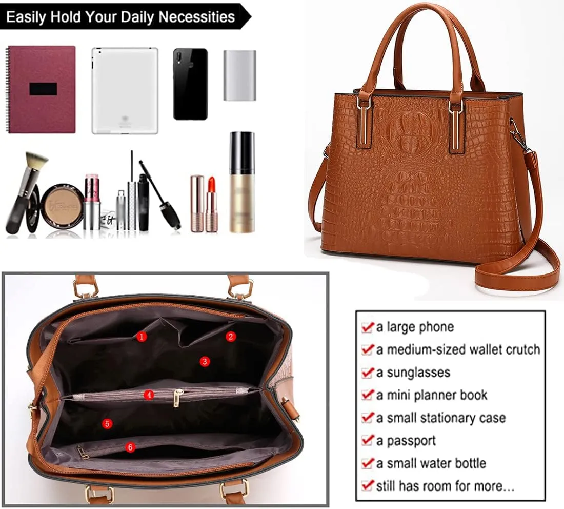 Women Handbags and Purses Set Premium Crocodile Pattern Top Handle Handbag Zip Wallet Clutch Tote Bag Satchel 3 Pcs