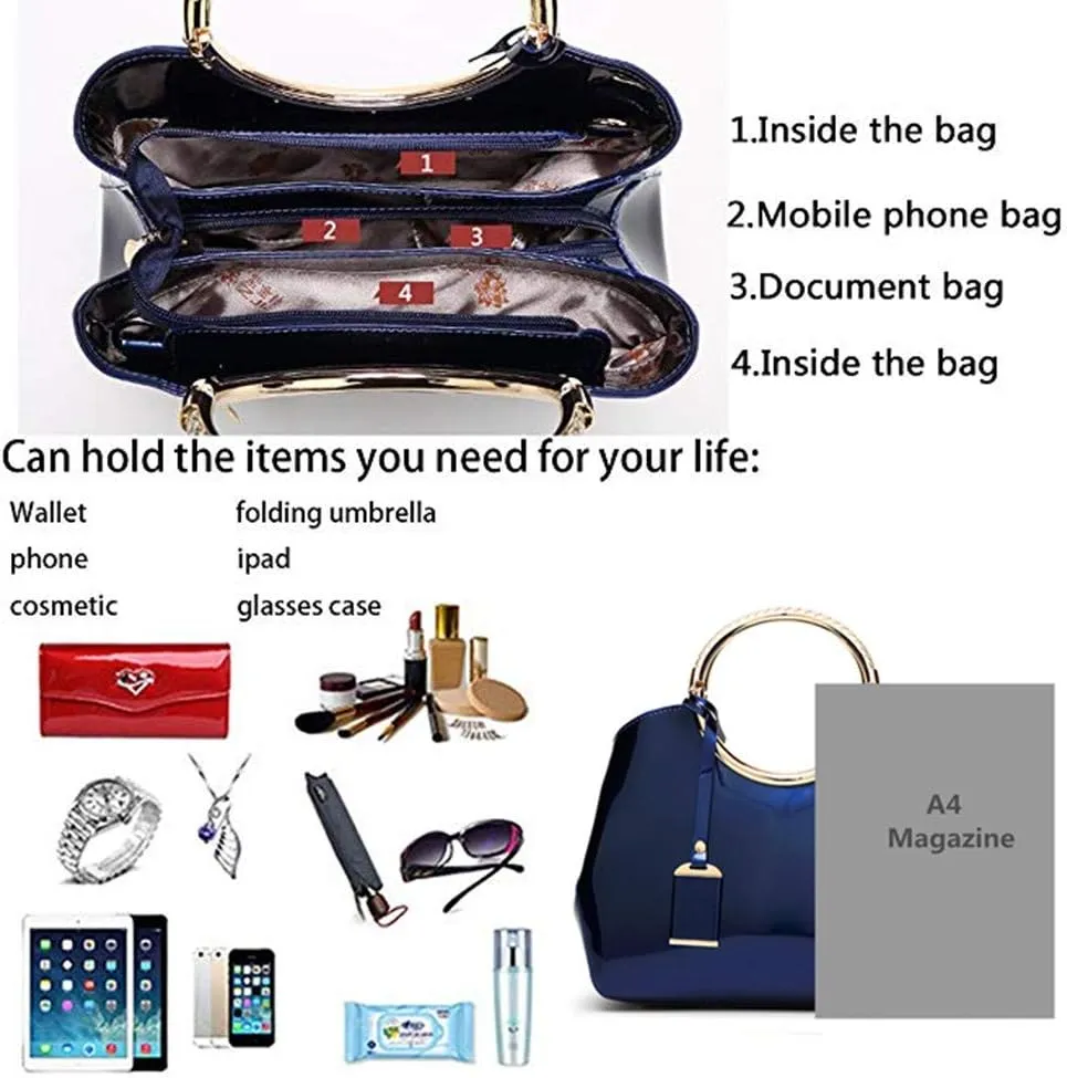 Women Handbags, Ladies Top Handle Bags, Patent Leather Stylish Tote Shoulder Bags Purse for Work, Wedding, Shopping, Dating
