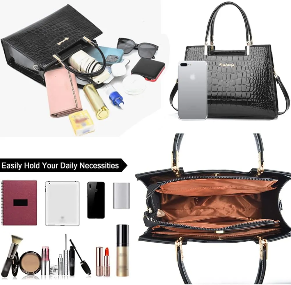 Women handbags Purse Shiny Patent Leather Crocodile Pattern Top Handle Handbag Satchel Bags Zipper Medium Tote Bag