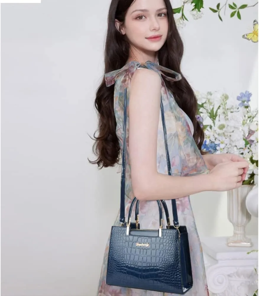 Women handbags Purse Shiny Patent Leather Crocodile Pattern Top Handle Handbag Satchel Bags Zipper Medium Tote Bag