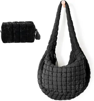 Women Large Quilted Tote Bag Lightweight Quilted Carryall GYM Bag Soft Puffy Crossbody Bag Hobo Handbags Wallet (Black)