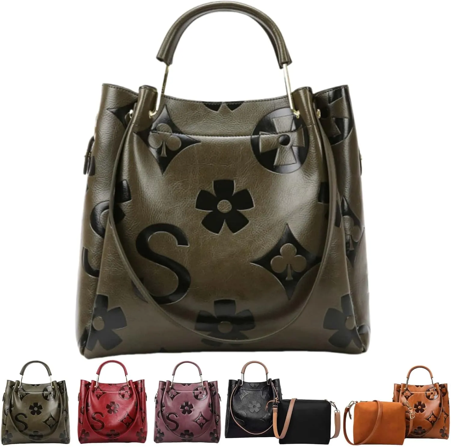 Women Large Tote Bag with Pouch Set of 2 Trendy Retro Floral Embossed Shoulder Handbag Crossbody Bucket Purse Fashion