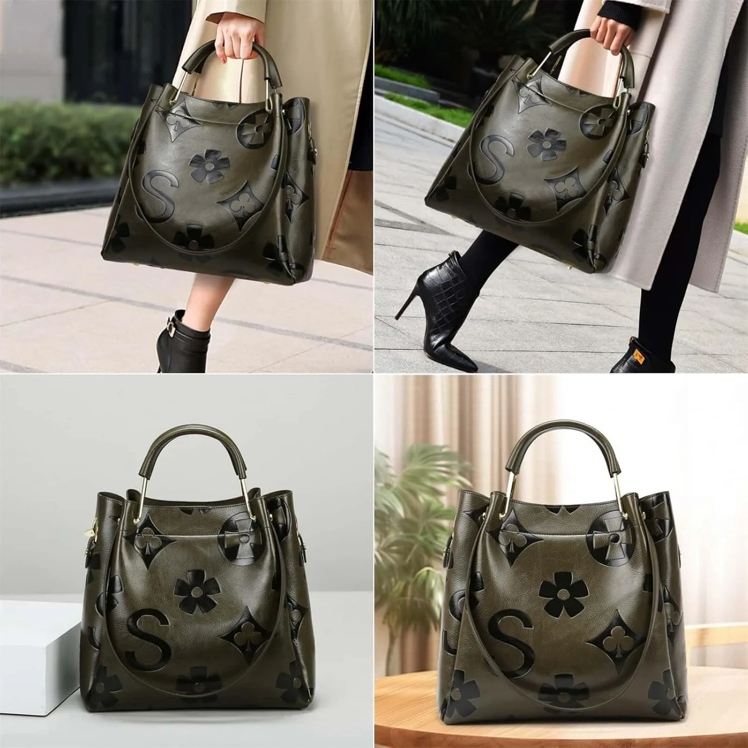 Women Large Tote Bag with Pouch Set of 2 Trendy Retro Floral Embossed Shoulder Handbag Crossbody Bucket Purse Fashion