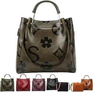 Women Large Tote Bag with Pouch Set of 2 Trendy Retro Floral Embossed Shoulder Handbag Crossbody Bucket Purse Fashion