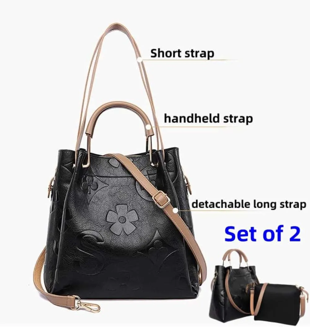 Women Large Tote Bag with Pouch Set of 2 Trendy Retro Floral Embossed Shoulder Handbag Crossbody Bucket Purse Fashion