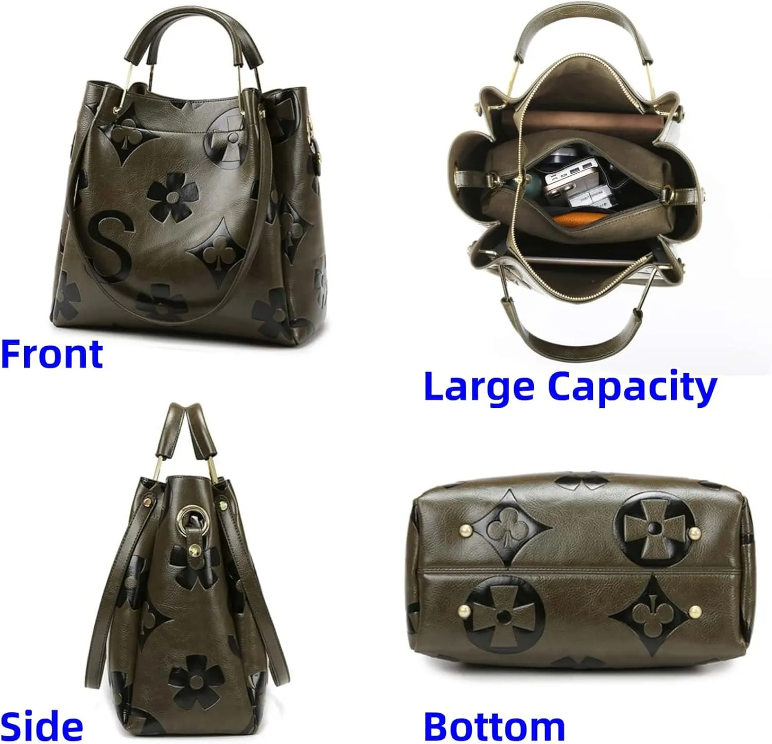Women Large Tote Bag with Pouch Set of 2 Trendy Retro Floral Embossed Shoulder Handbag Crossbody Bucket Purse Fashion