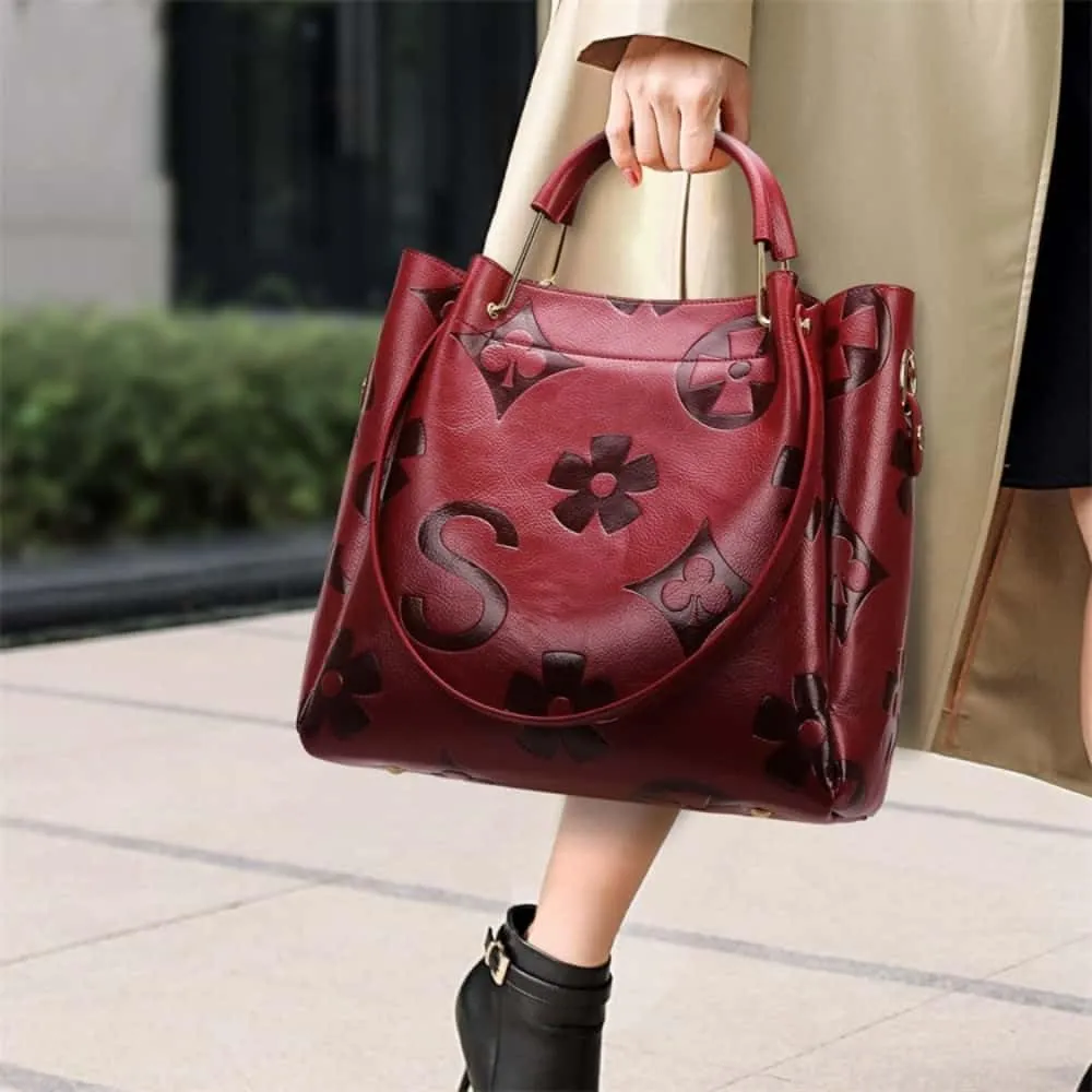 Women Large Tote Bag with Pouch Set of 2 Trendy Retro Floral Embossed Shoulder Handbag Crossbody Bucket Purse Fashion