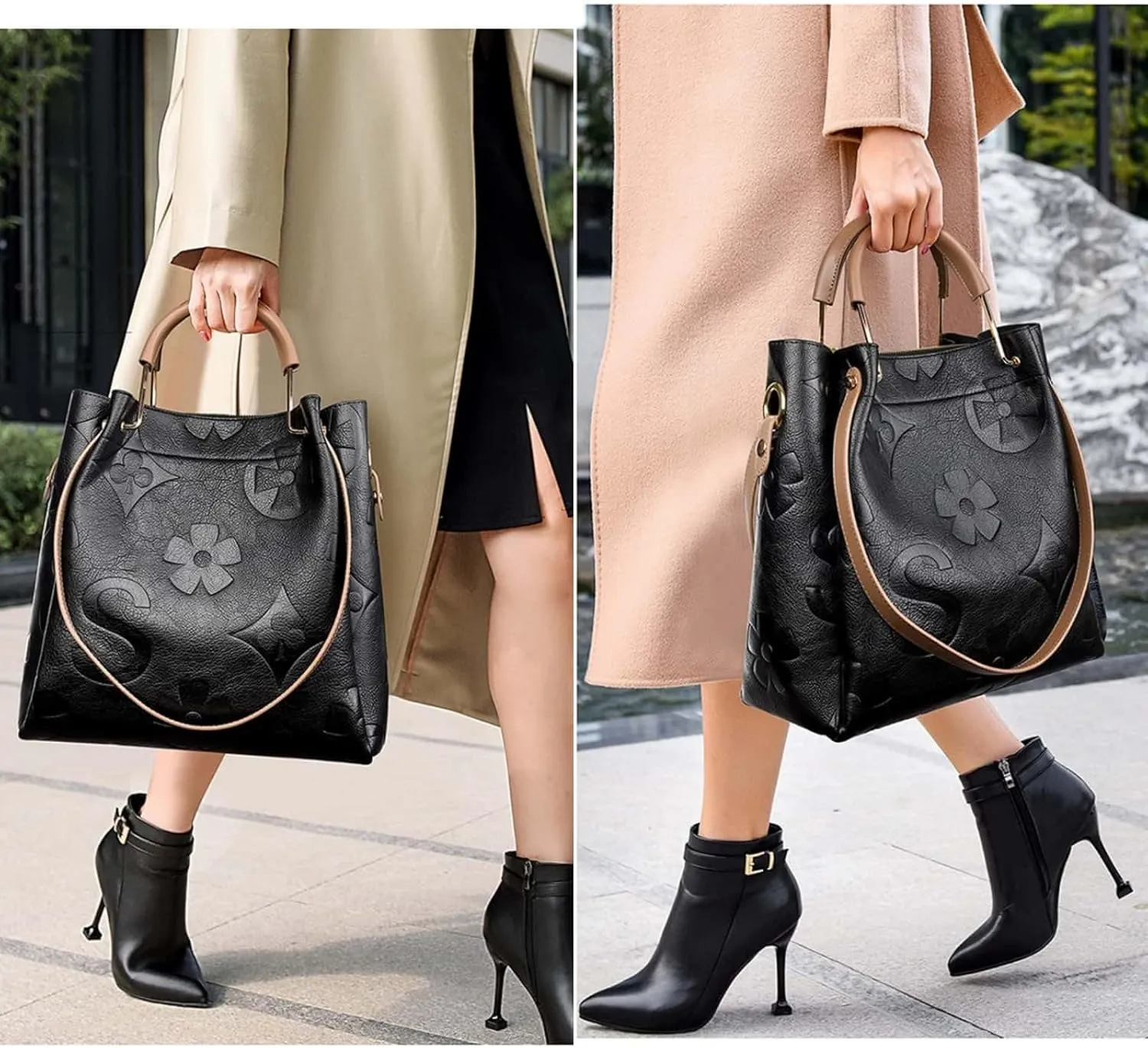 Women Large Tote Bag with Pouch Set of 2 Trendy Retro Floral Embossed Shoulder Handbag Crossbody Bucket Purse Fashion