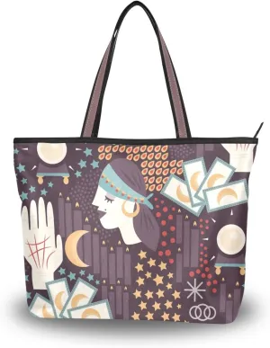 Women Large Tote Top Handle Shoulder Bags Fortune Teller Partern Ladies Handbag