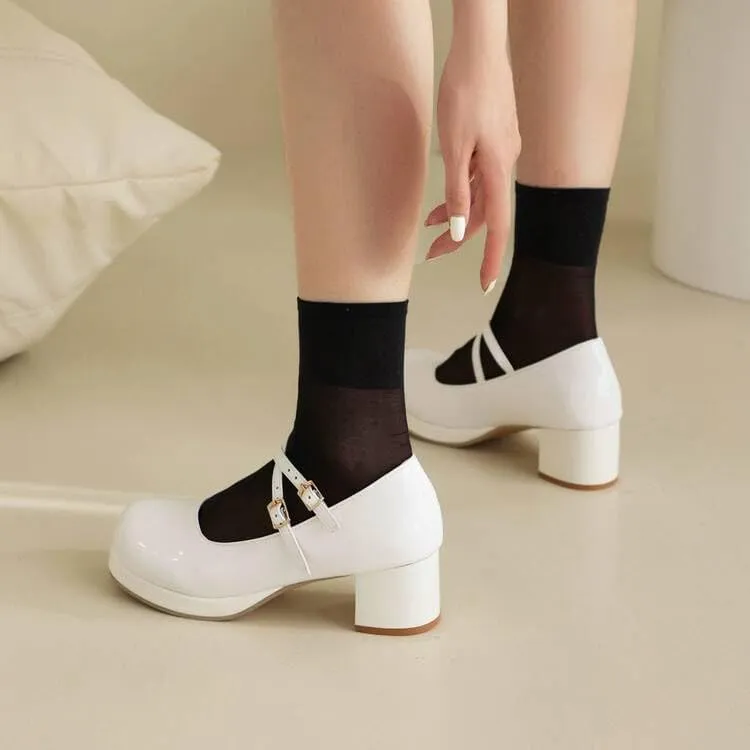 Women Mary Jane Pumps Glossy Patent Square Toe Block Heels with Cross Belt Buckles