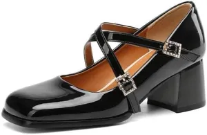 Women Mary Jane Pumps Glossy Patent Square Toe Block Heels with Cross Belt Buckles