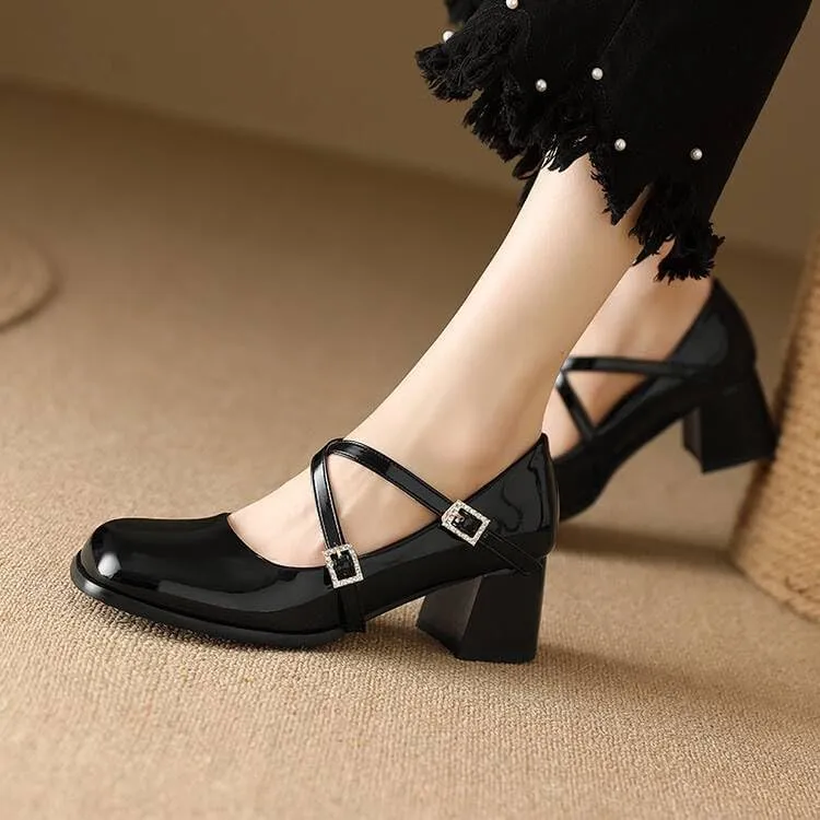 Women Mary Jane Pumps Glossy Patent Square Toe Block Heels with Cross Belt Buckles