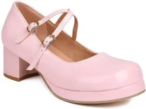 Women Mary Jane Pumps Glossy Patent Square Toe Block Heels with Cross Belt Buckles