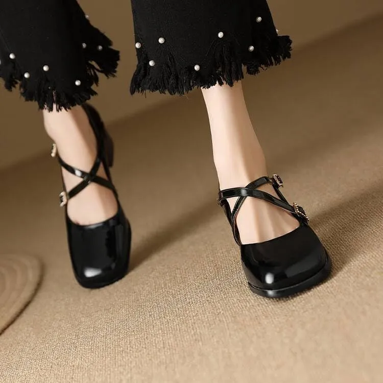 Women Mary Jane Pumps Glossy Patent Square Toe Block Heels with Cross Belt Buckles