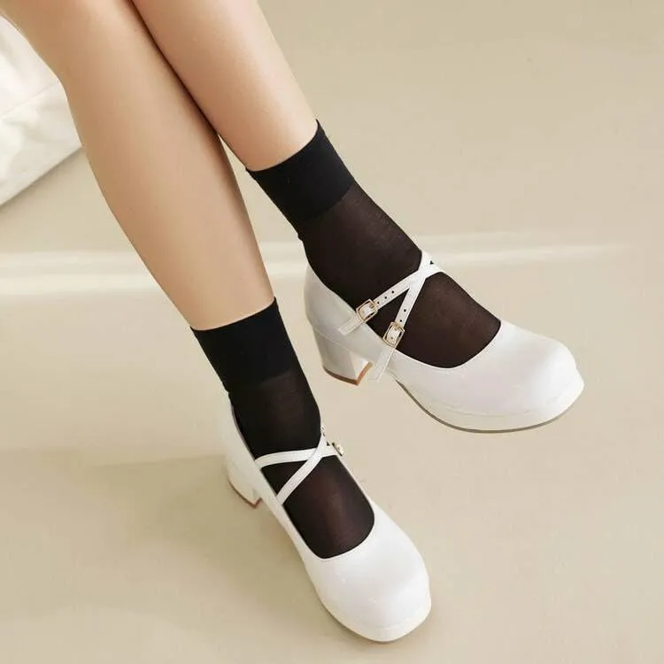 Women Mary Jane Pumps Glossy Patent Square Toe Block Heels with Cross Belt Buckles