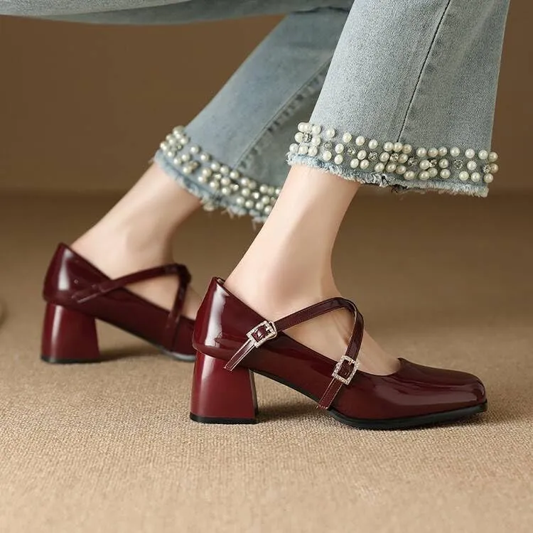 Women Mary Jane Pumps Glossy Patent Square Toe Block Heels with Cross Belt Buckles