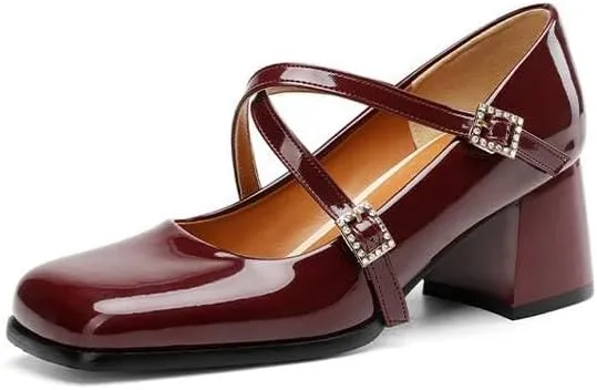 Women Mary Jane Pumps Glossy Patent Square Toe Block Heels with Cross Belt Buckles