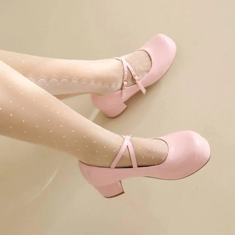 Women Mary Jane Pumps Glossy Patent Square Toe Block Heels with Cross Belt Buckles