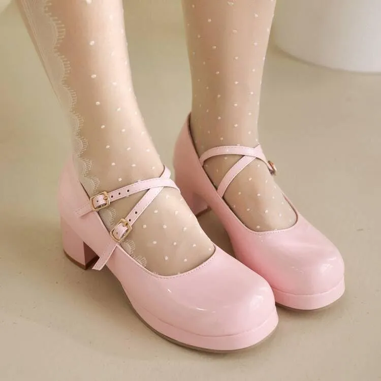 Women Mary Jane Pumps Glossy Patent Square Toe Block Heels with Cross Belt Buckles
