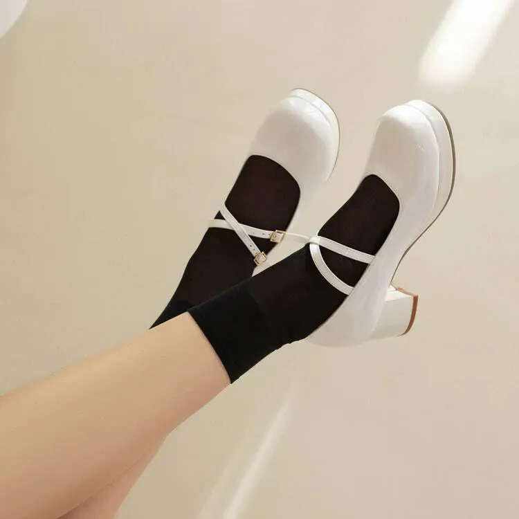 Women Mary Jane Pumps Glossy Patent Square Toe Block Heels with Cross Belt Buckles