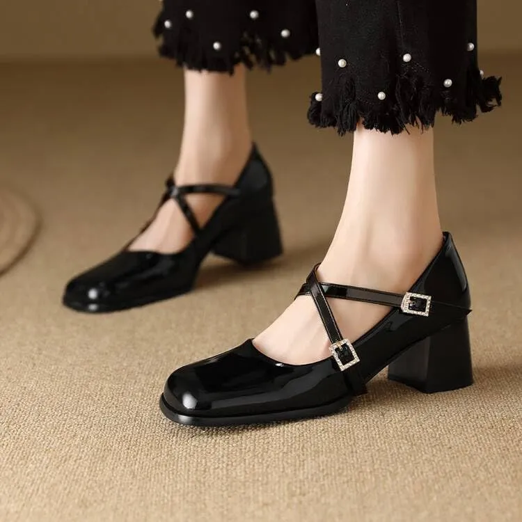 Women Mary Jane Pumps Glossy Patent Square Toe Block Heels with Cross Belt Buckles
