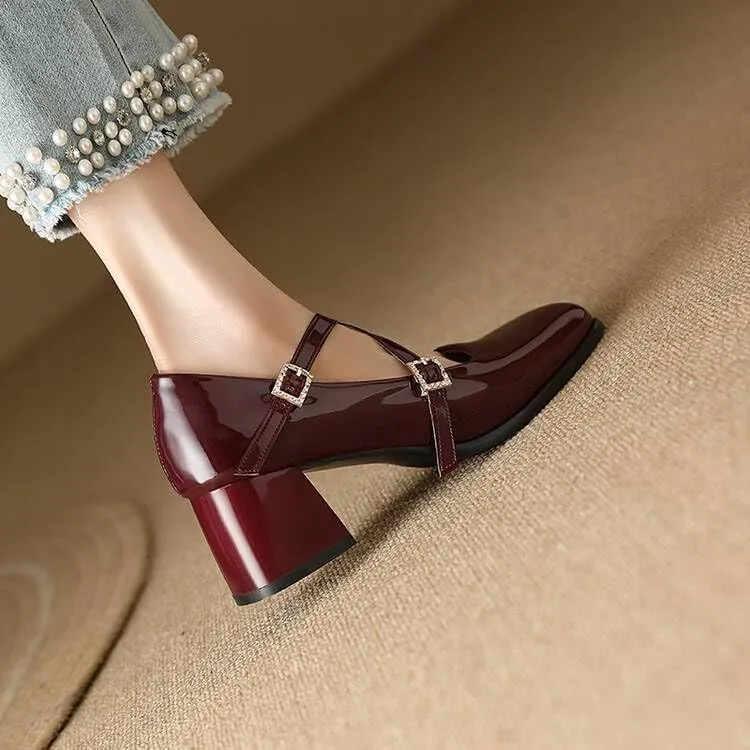 Women Mary Jane Pumps Glossy Patent Square Toe Block Heels with Cross Belt Buckles