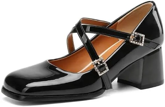Women Mary Jane Pumps Glossy Patent Square Toe Block Heels with Cross Belt Buckles