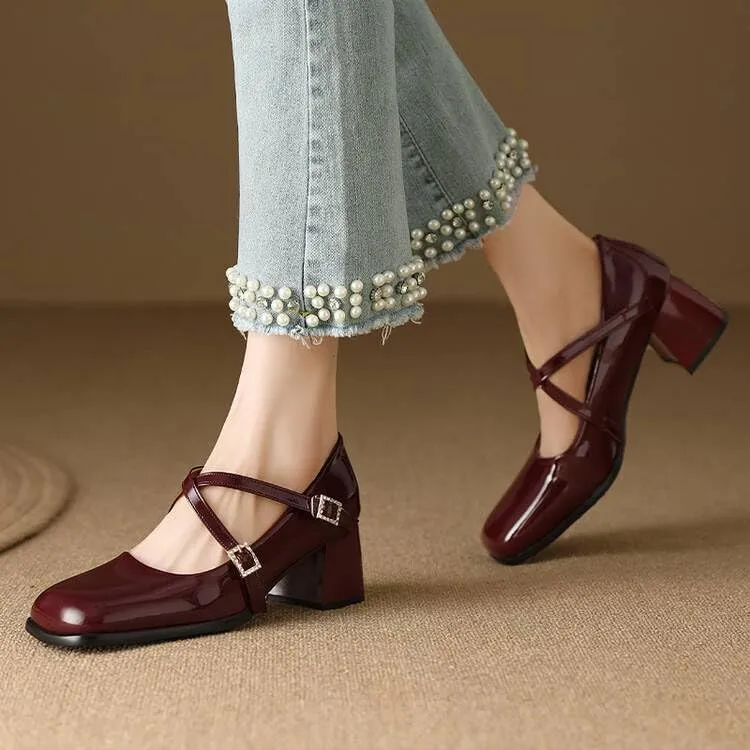 Women Mary Jane Pumps Glossy Patent Square Toe Block Heels with Cross Belt Buckles