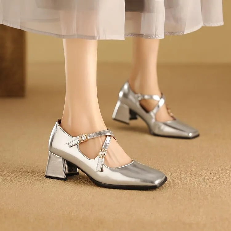 Women Mary Jane Pumps Square Toe Flare Heels with Cross Belt Buckles