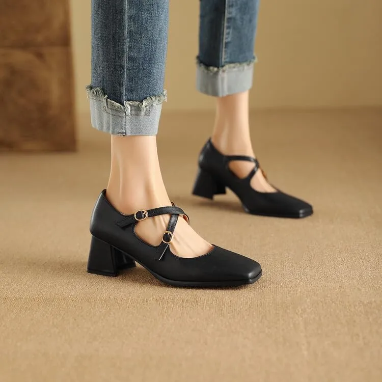 Women Mary Jane Pumps Square Toe Flare Heels with Cross Belt Buckles
