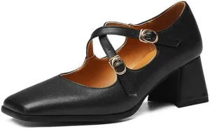 Women Mary Jane Pumps Square Toe Flare Heels with Cross Belt Buckles