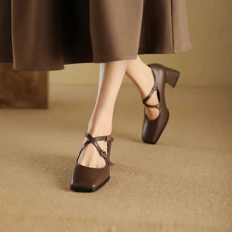 Women Mary Jane Pumps Square Toe Flare Heels with Cross Belt Buckles
