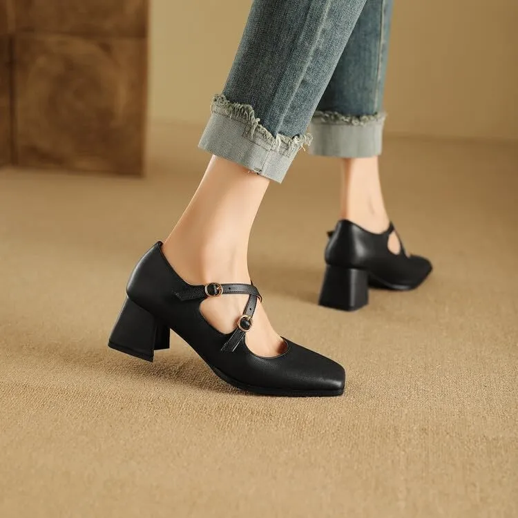 Women Mary Jane Pumps Square Toe Flare Heels with Cross Belt Buckles