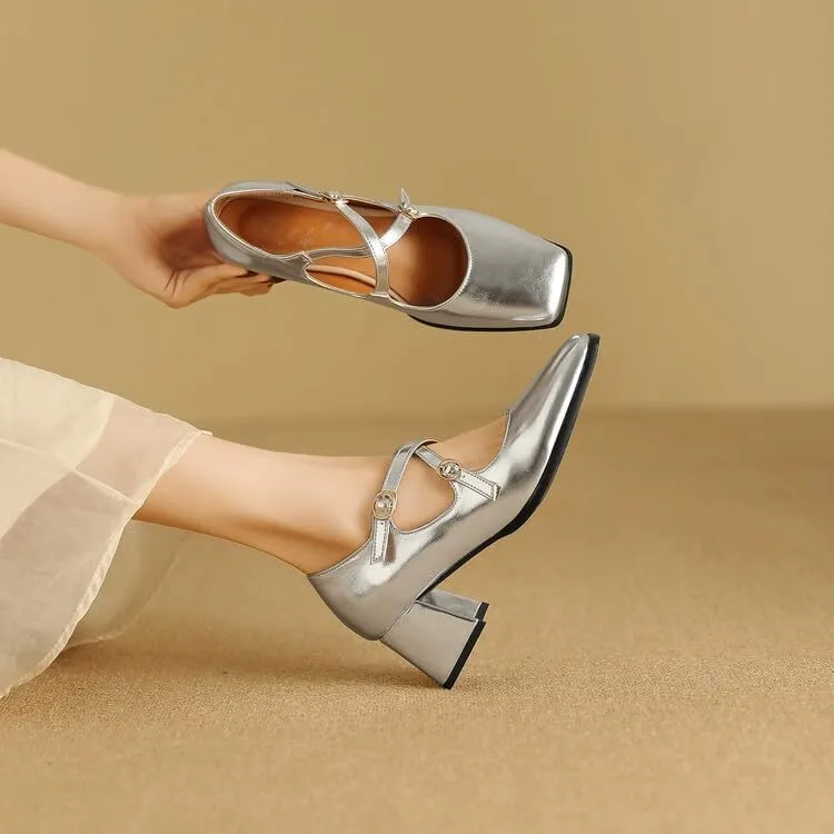 Women Mary Jane Pumps Square Toe Flare Heels with Cross Belt Buckles