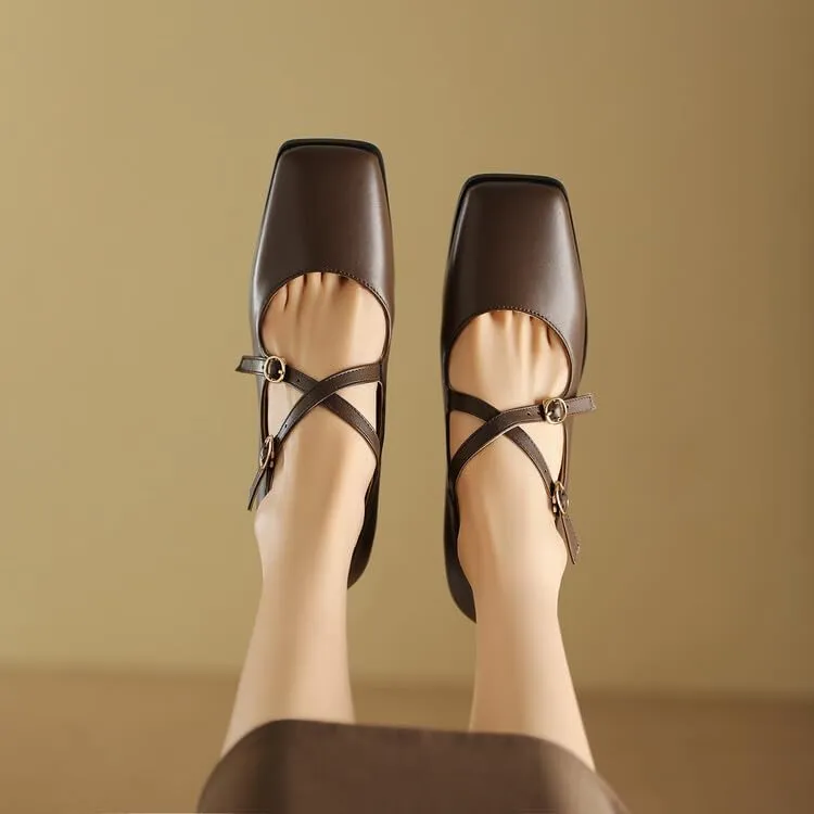 Women Mary Jane Pumps Square Toe Flare Heels with Cross Belt Buckles