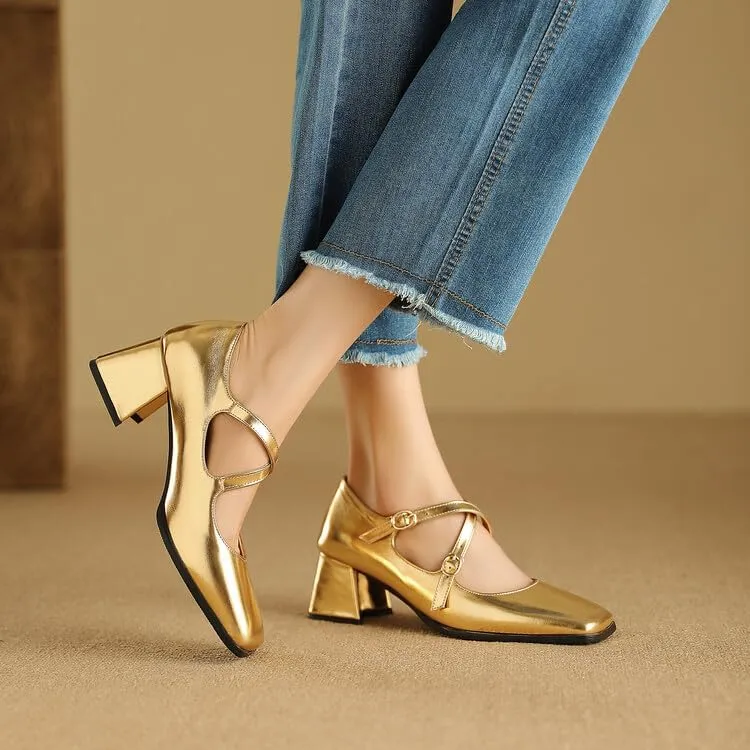 Women Mary Jane Pumps Square Toe Flare Heels with Cross Belt Buckles