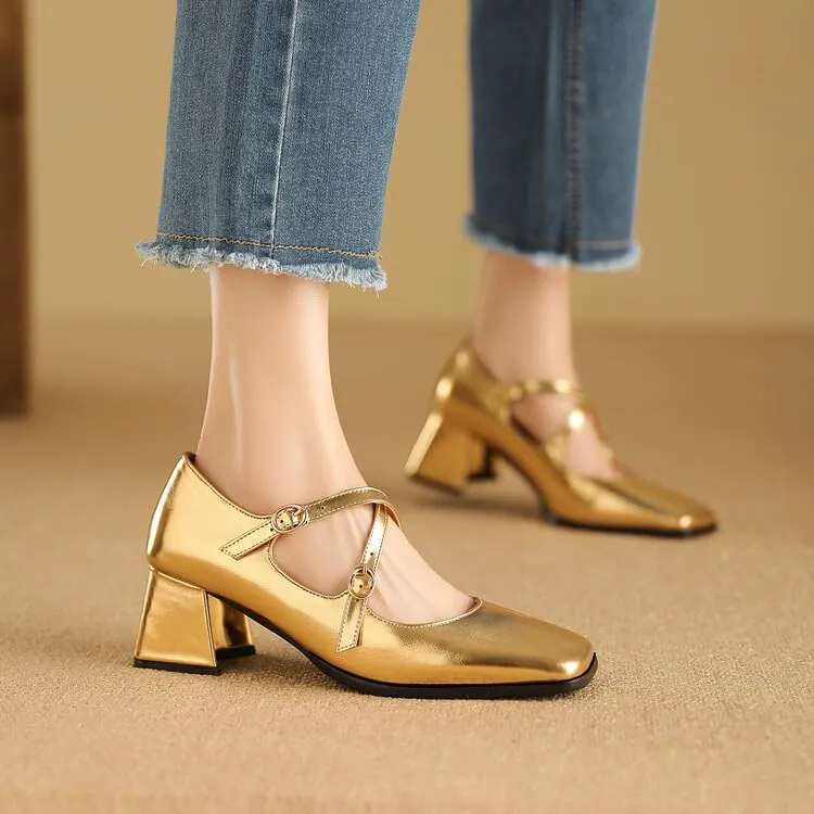 Women Mary Jane Pumps Square Toe Flare Heels with Cross Belt Buckles
